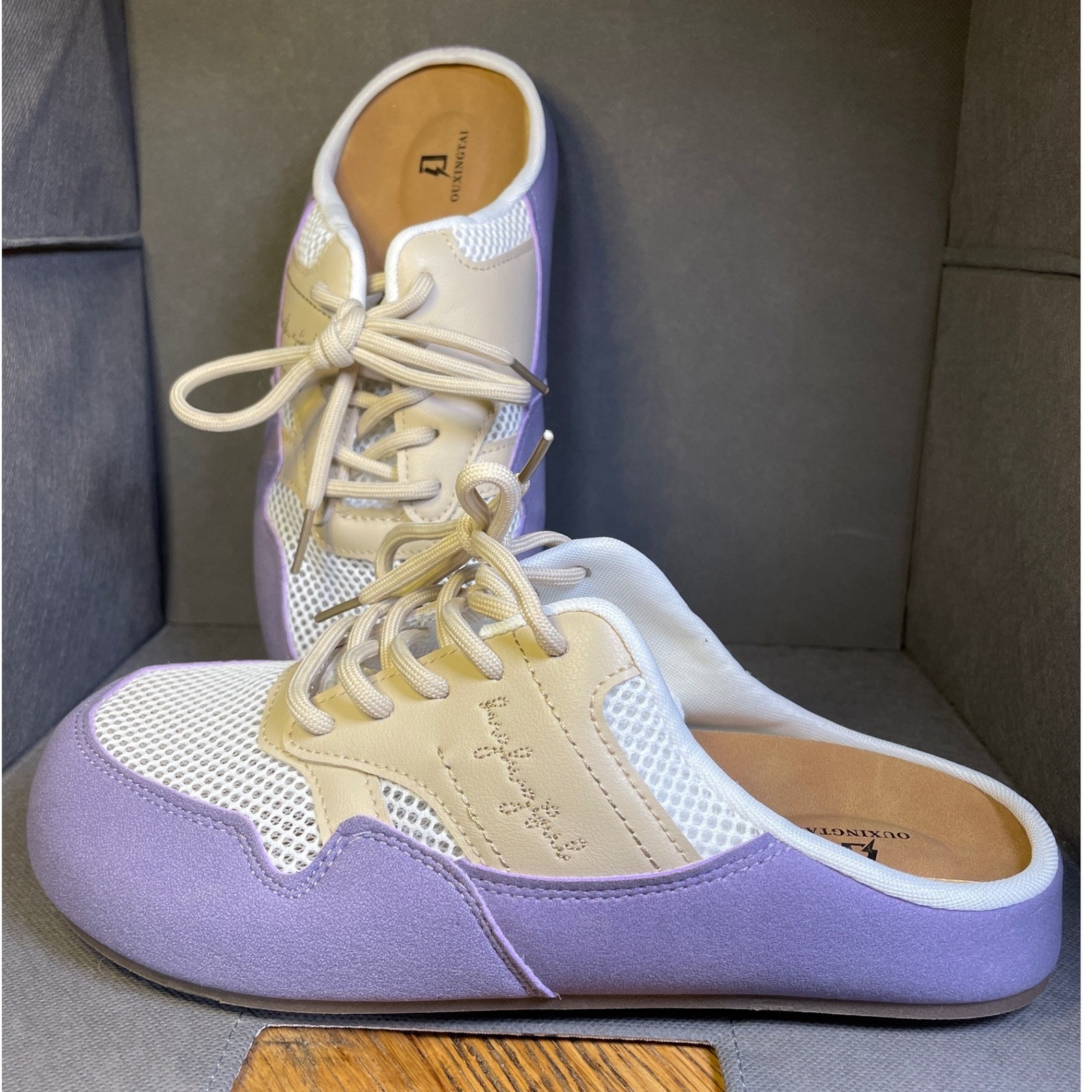 Womens Purple Cream Mesh Lace Up Sneaker Mules Backless Slip On Shoes